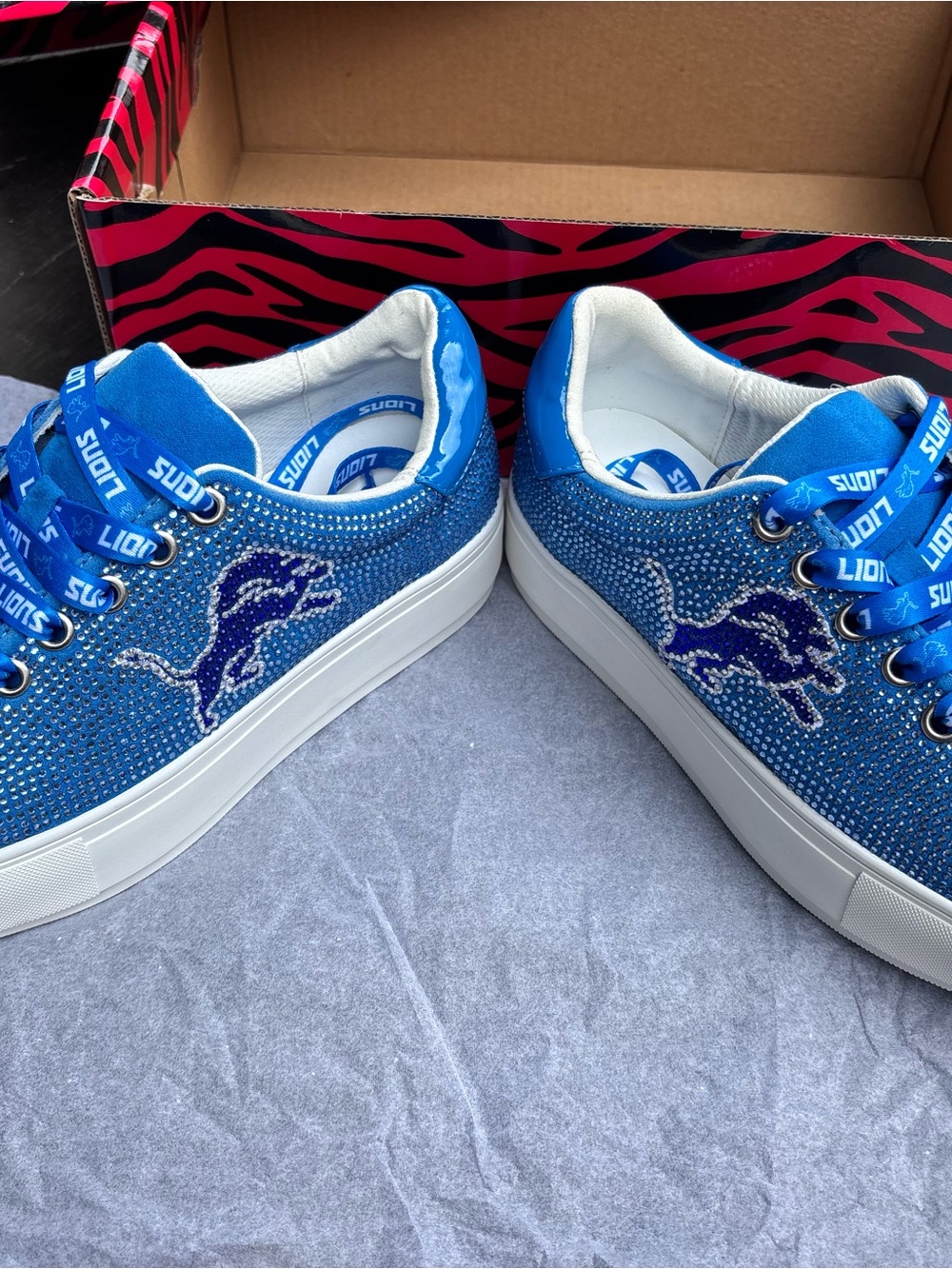 Women’s Blue Rhinestone Platform Sneakers with Lion Logo